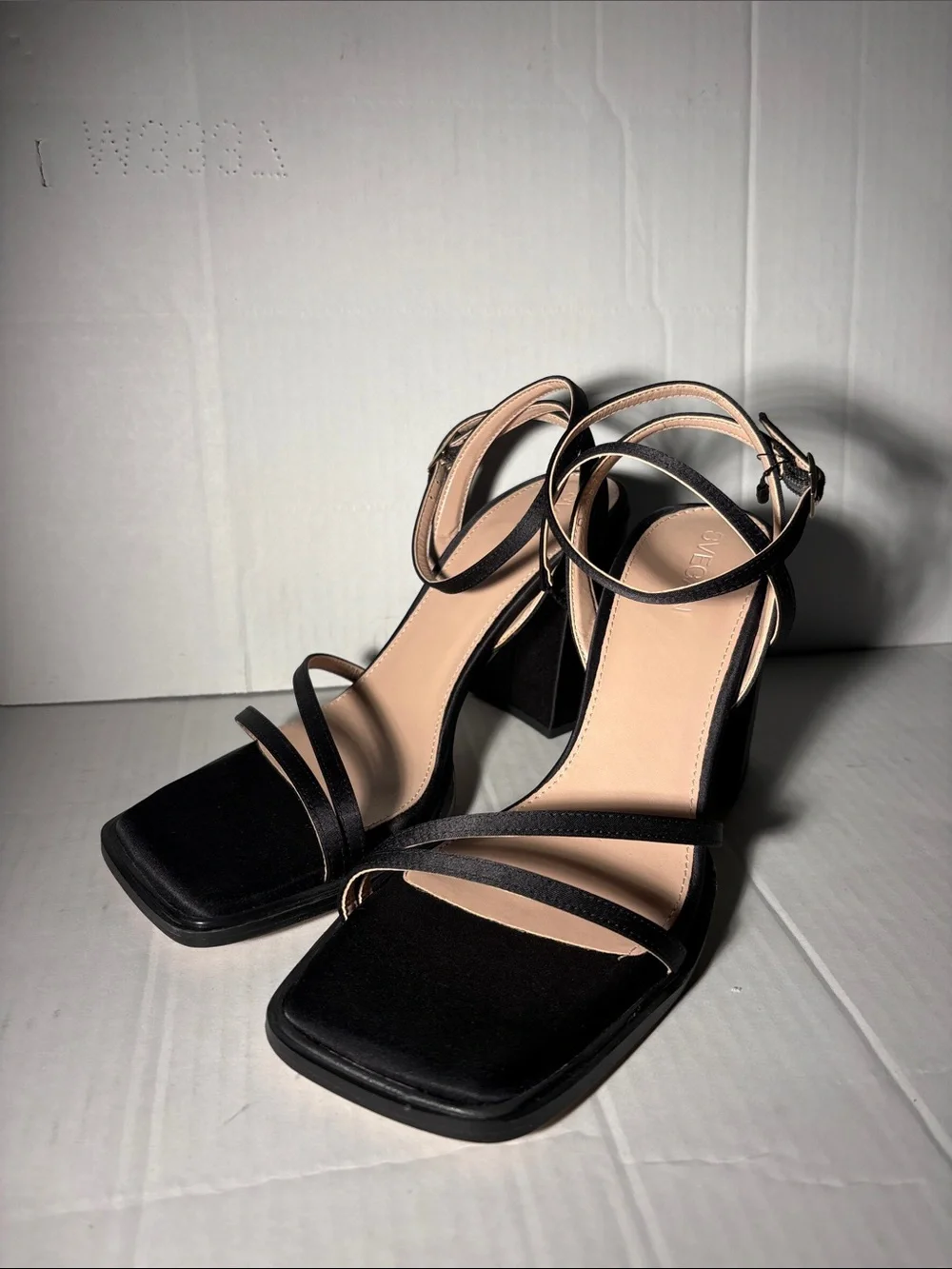 Svegan Women's Black Strappy Block Heel Sandals with Ankle Tie Size 39EU 8.5-9US